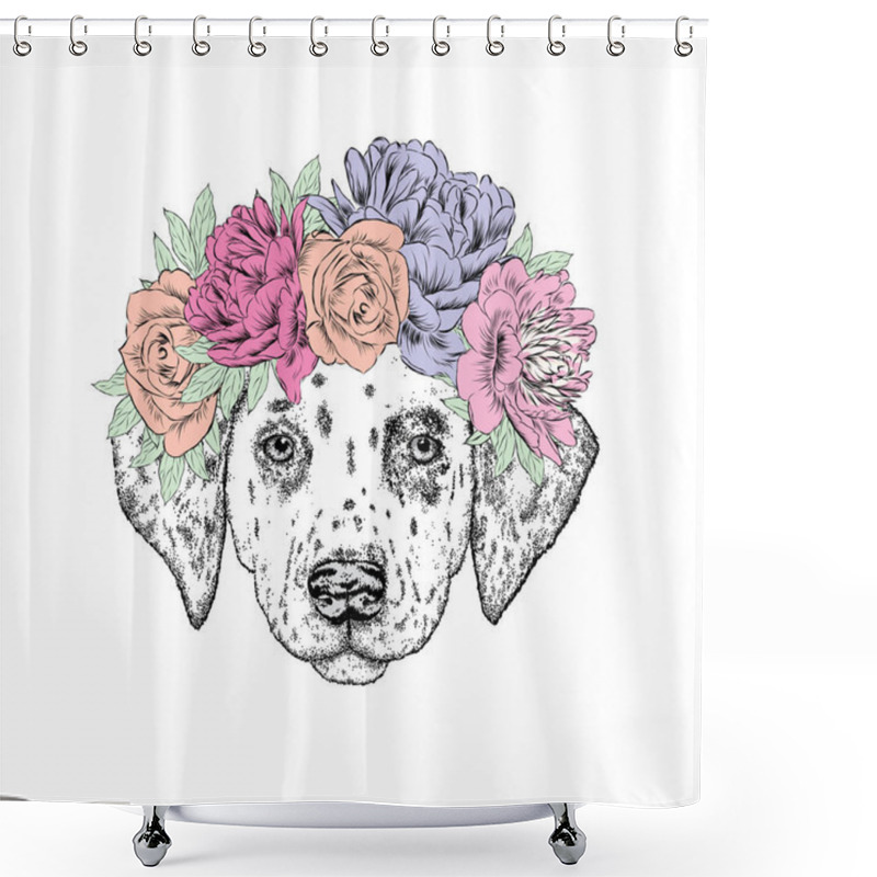 Personality  A Beautiful Puppy In A Flower Wreath. Vector Illustration For A Postcard Or A Poster, Print For Clothes. Fashion & Style. Shower Curtains