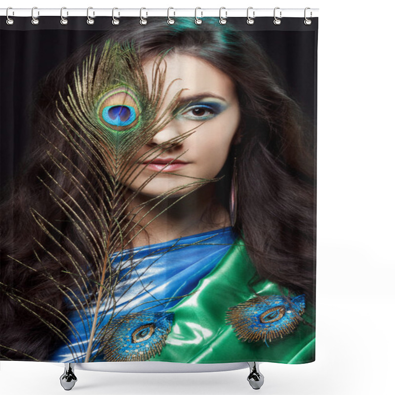 Personality  Beauty Portrait Of Beautiful Girl Covering The Eyes With Peacock Feather. Creative Makeup Peafowl Feathers. Attractive Mysterious Lady. Bright Harmonious Colors, Sari Dress, Shiny Satin Silk Fabric. Shower Curtains