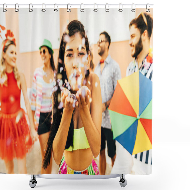 Personality  Brazilian Carnival. Young Woman Enjoying The Carnival Party Blowing Confetti Shower Curtains