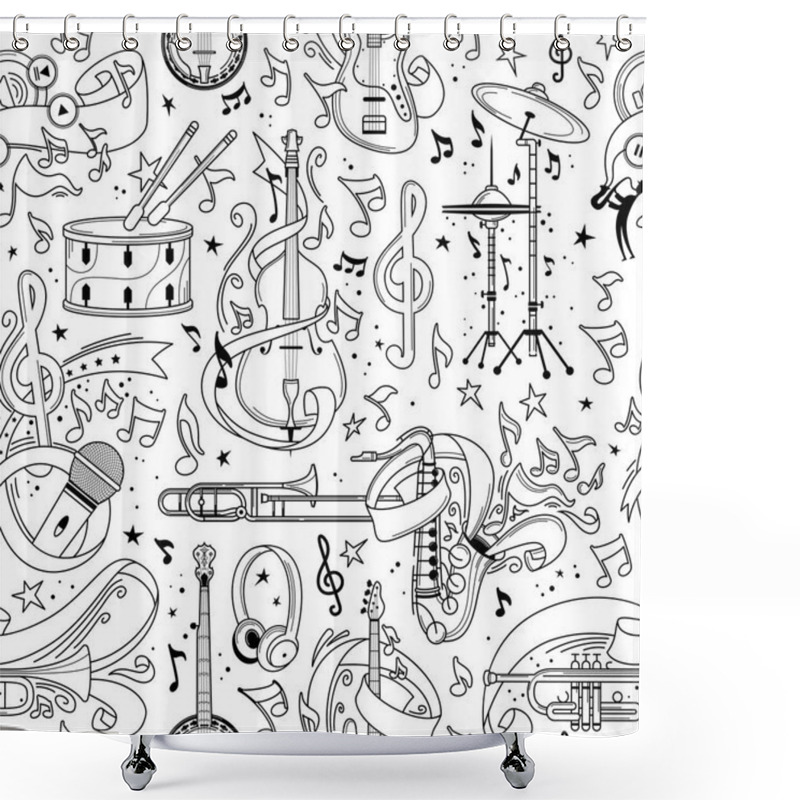 Personality  Musical Equipment Hand Drawn Outline Seamless Pattern. Trumpet, Microphone Line Art Texture. Black Contour String, Brass Instruments On White Background. Performance, Rock Concert Textile Design Shower Curtains