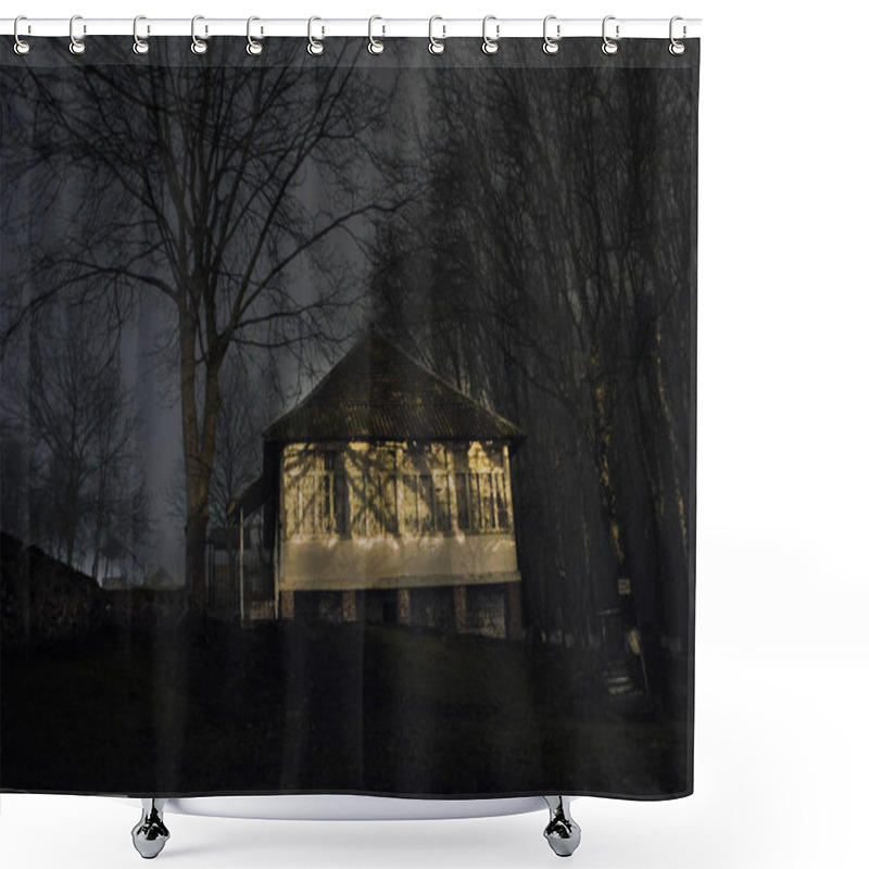 Personality  House In Fog At Night In The Garden, Landscape Of Ghost House In The Dark Forest. Shower Curtains