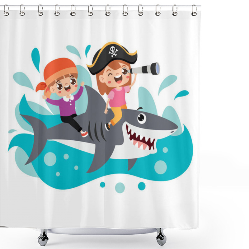 Personality  Funny Cartoon Kids Riding Shark Shower Curtains