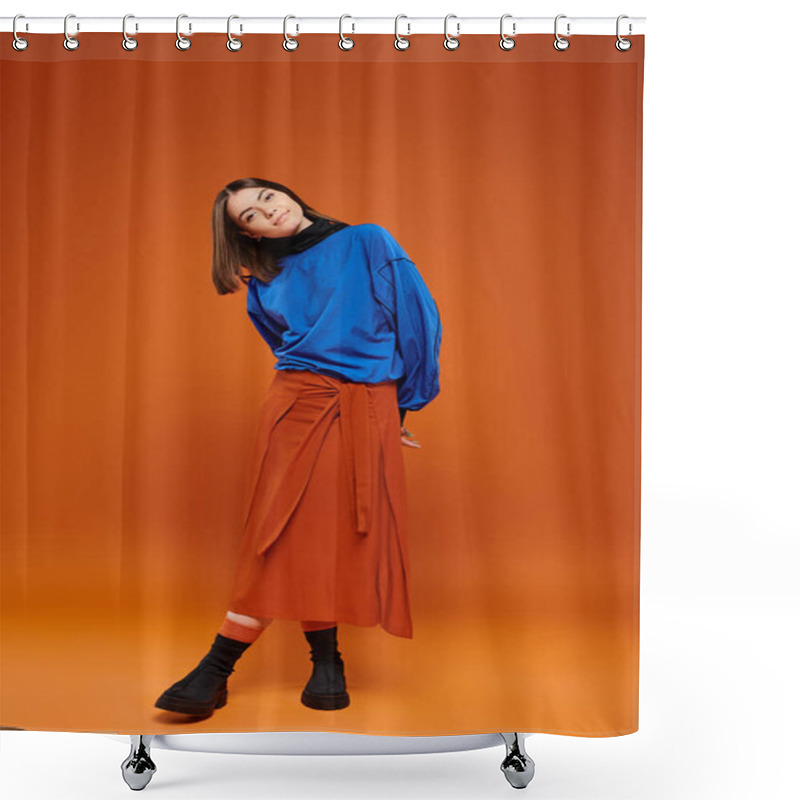 Personality  Fall Season Attire, Beautiful Woman In Skirt And Blue Sweatshirt Standing On Orange Backdrop Shower Curtains