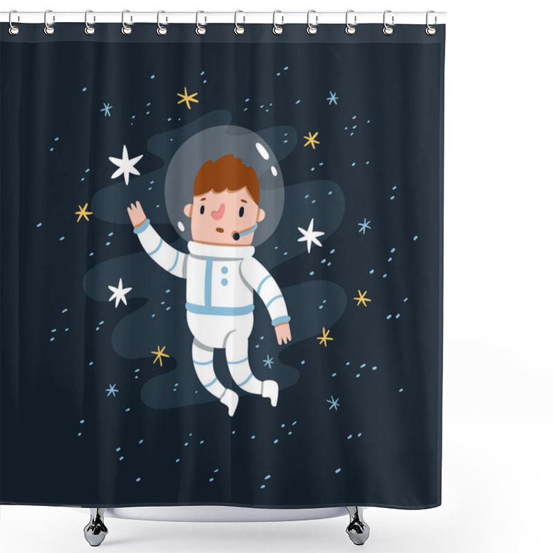 Personality  Man In Space Costume Reaching For The Stars, Stardust Background, Cartoon Vector Illustration Shower Curtains