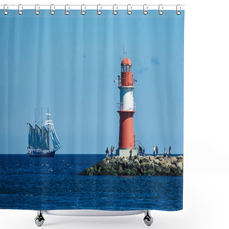 Personality  The Mole And A Tall Ship In Warnemuende, Germany Shower Curtains