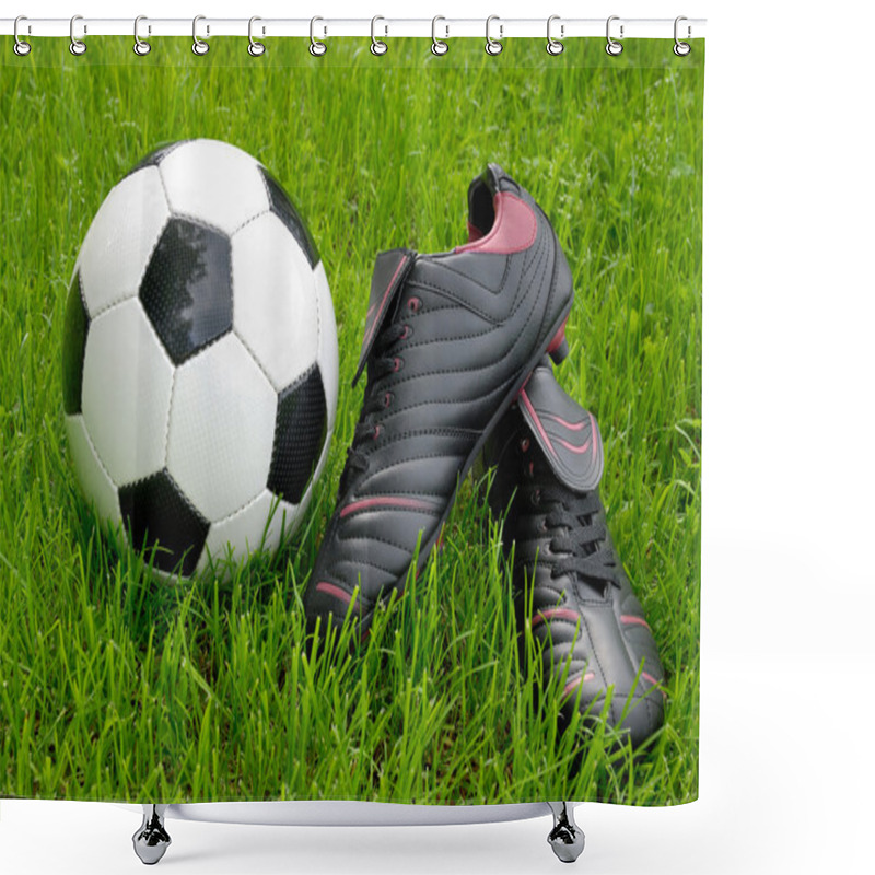 Personality  Soccer Ball And Shoes On Grass Shower Curtains