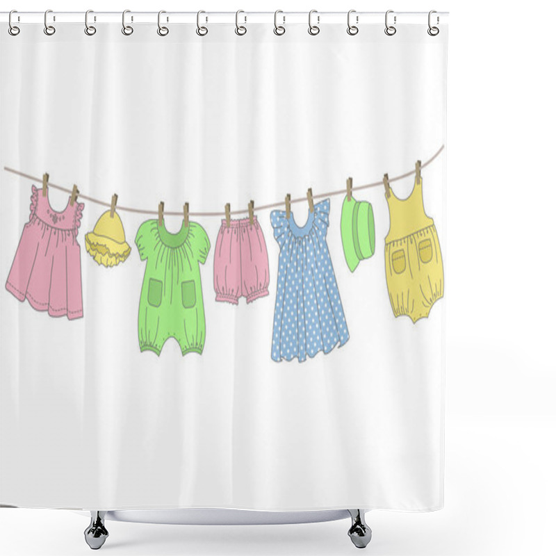 Personality  Baby Clothes Hang On The Clothesline. Things Are Dried On Clothespins After Washing. Vector Illustration On A White Background Shower Curtains