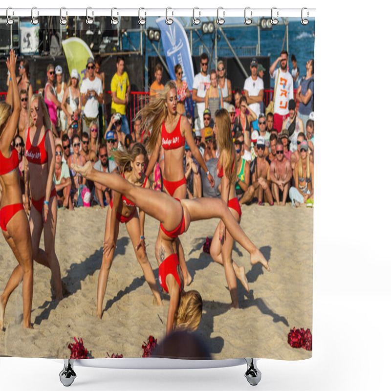 Personality  ODESSA, UKRAINE - August 26, 2017: Championship Of Ukraine In Cheerleading At Sea During Festival Z-Games. Beautiful Young Sports Girls Cheerleaders Perform In Sand Of Beach At Festiva Shower Curtains