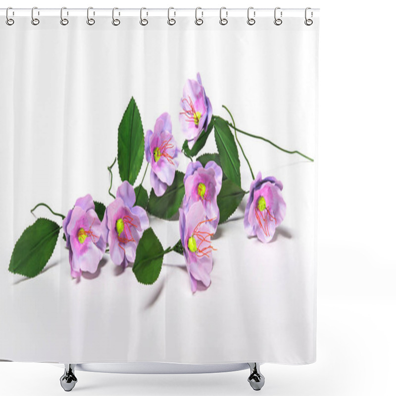 Personality  Purple Artificial Flowers In Delicate Bloom With Bright Green Leaves Lie Arranged Against A Plain White Background, Offering A Realistic Aesthetic Ideal For Decoration Or Artistic Inspiration. Shower Curtains