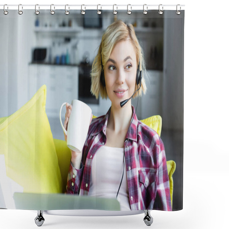 Personality  Young Blonde Woman In Headphones Working From Home And Drinking Tea Shower Curtains