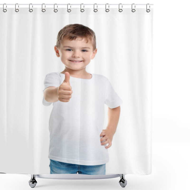 Personality  Little Boy In T-shirt On White Background. Mockup For Design Shower Curtains