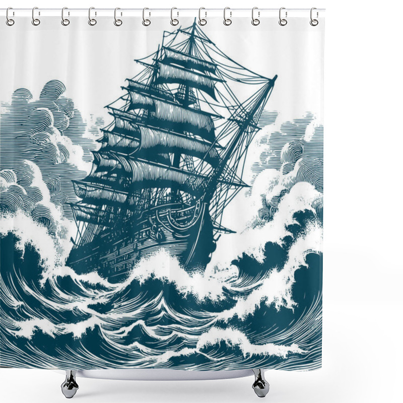 Personality  Linear Drawing Of A Sailing Ship In A Stormy Sea Shower Curtains