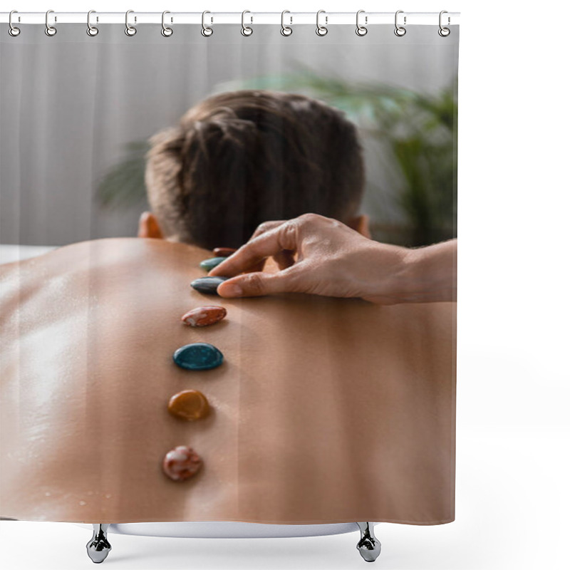 Personality  Cropped View Of Masseur And Shirtless Man With Stones On Back Shower Curtains