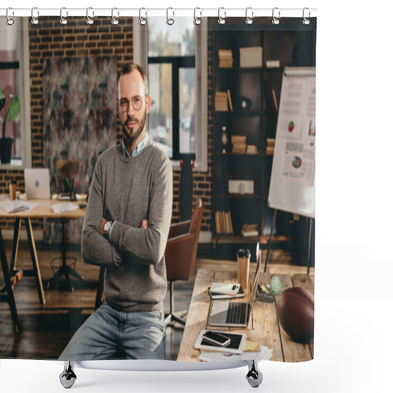 Personality  Serious Casual Businessman Sitting At Desk With Arms Crossed In Loft Office Shower Curtains