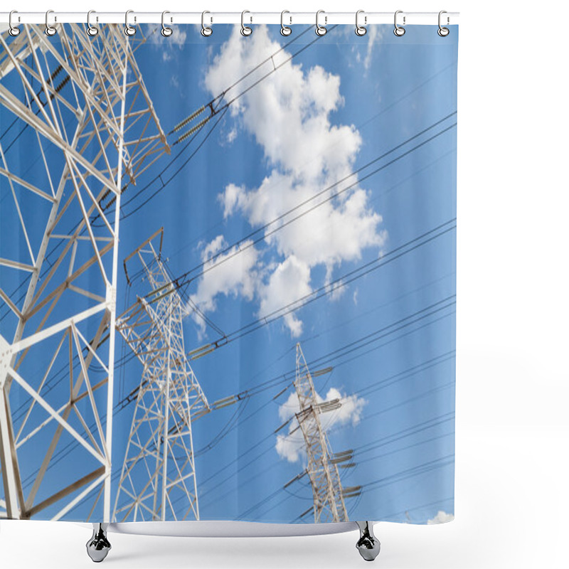 Personality  Power Transmission Lines Against Blue Sky Shower Curtains