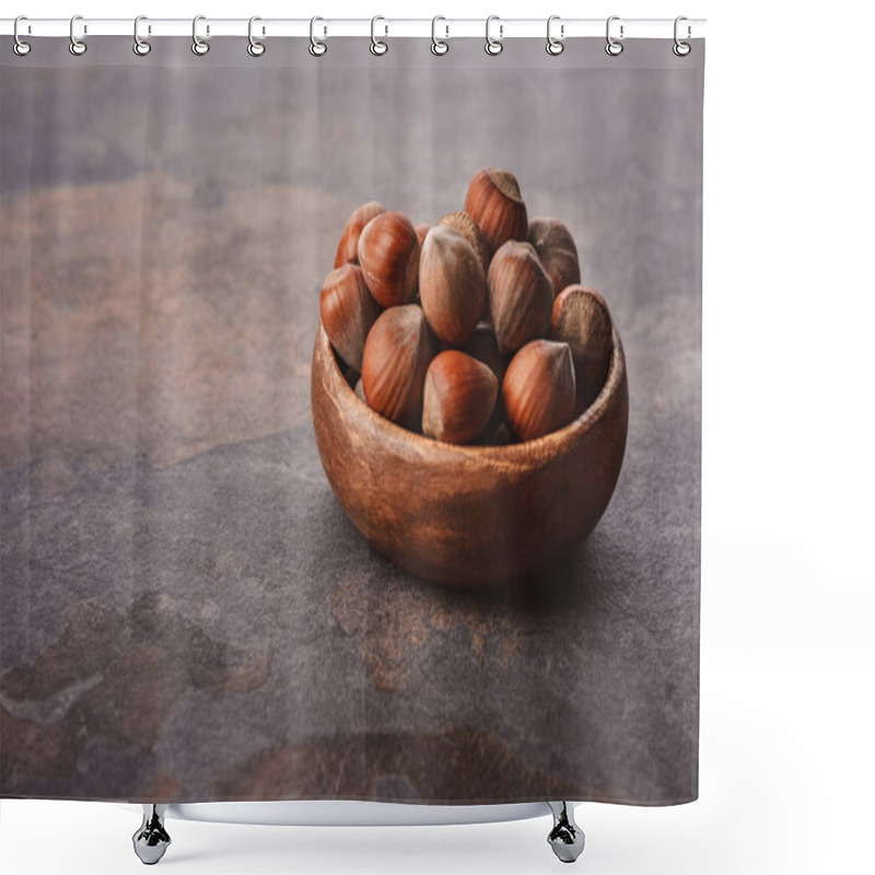 Personality  Close Up View Of Shelled Hazelnuts In Wooden Bowl On Grey Tabletop Shower Curtains