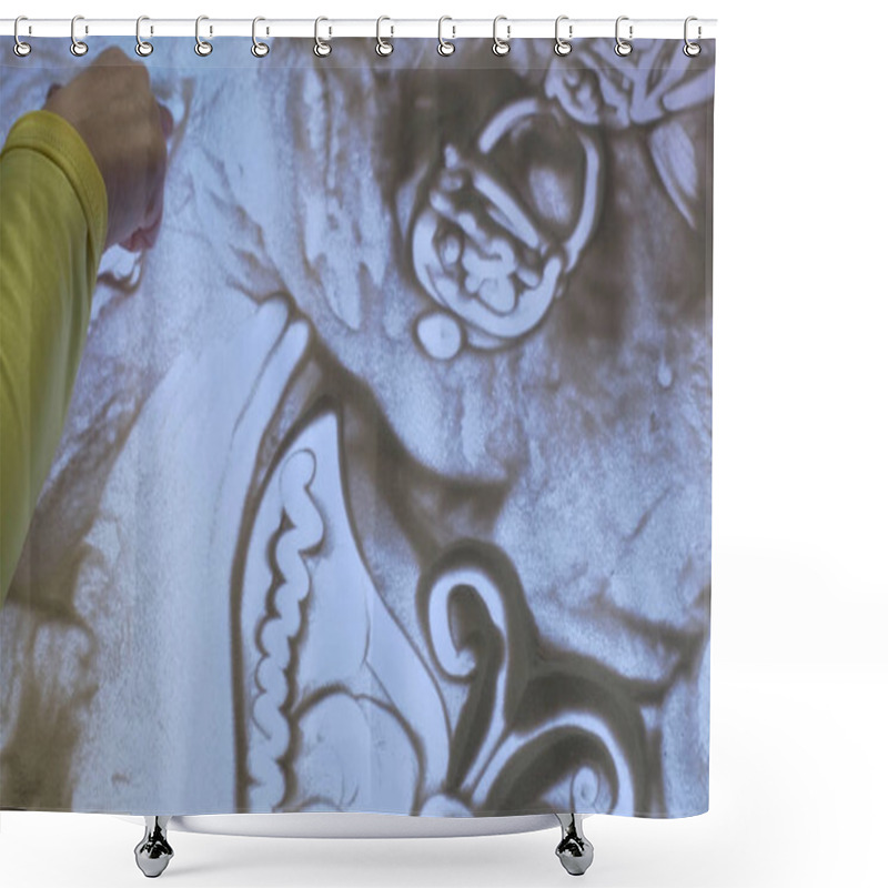 Personality  Sand Painting. Abstract Hand Made Background. Sand Animation. Womans Hand Draws With Sand Shower Curtains