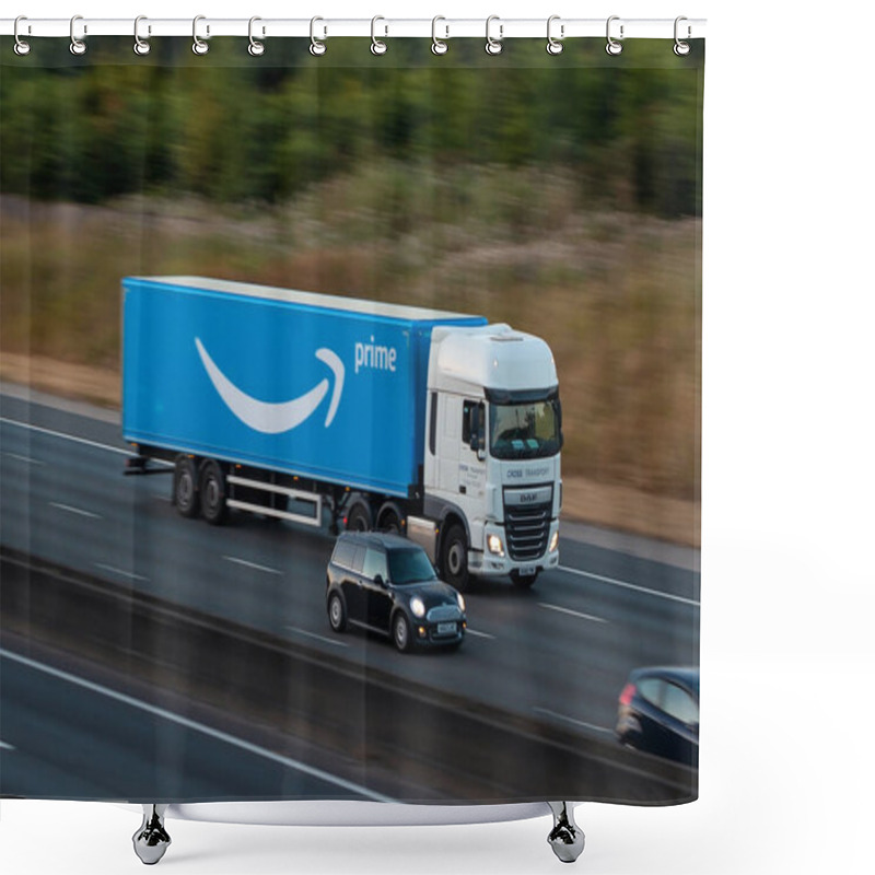 Personality  Watford, UK - July 22, 2018: Lorry Belonging To Amazon, In Motion On The British Motorway M1 Shower Curtains