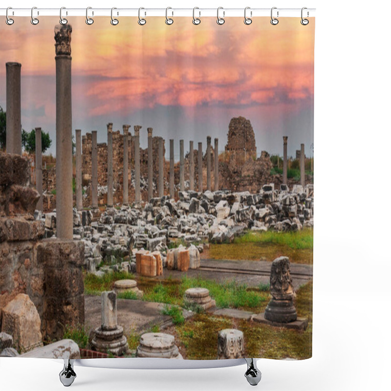 Personality  Ancient City Ruins. Side Antalya. Colonnaded Road And Market Place, Agora. Cloudy Sunset Sky Shower Curtains