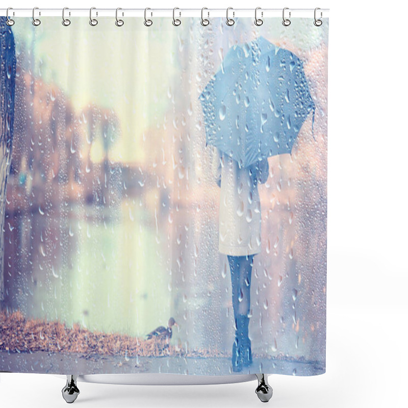 Personality  Autumn Raindrops Model / Rain Weather, Girl Autumn Look, Splashes And Raindrops In The Wind, October In The City Shower Curtains