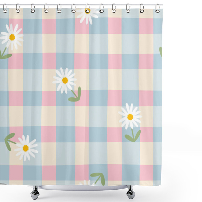 Personality  Gingham Seamless Vector Pattern With Meadow Chamomile Flowers. Tartan Check For Tablecloths, Napkins, Clothes, Packaging, For The Easter Holiday. Cozy Cute Childish Background In A Pastel Palette Shower Curtains