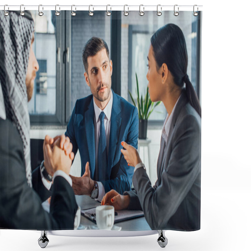 Personality  Multicultural Business Partners Talking On Meeting With Translator In Office Shower Curtains