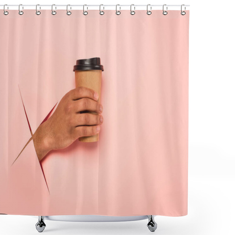 Personality  Partial View Of African American Man Holding Paper Cup On Ripped Pink Background  Shower Curtains