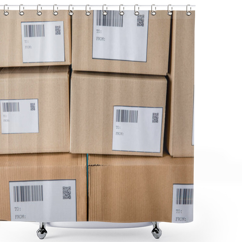 Personality  Stacked Cardboard Boxes With Barcodes And Qr Codes On Cards Shower Curtains