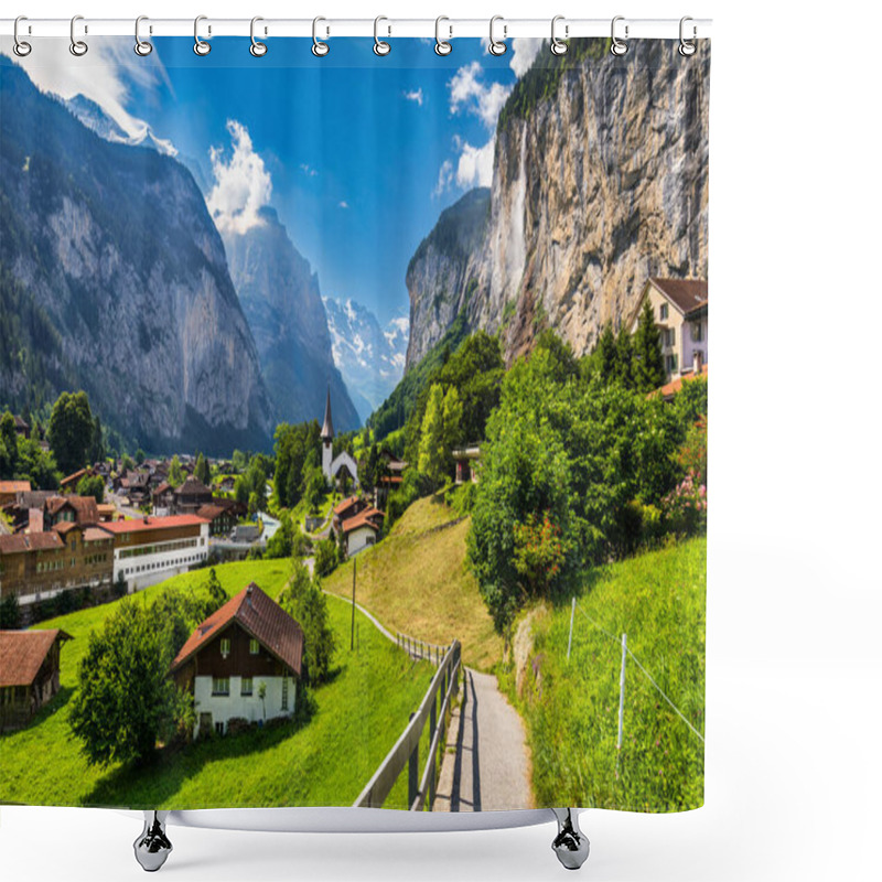 Personality  Lauterbrunnen Valley With Famous Church And Staubbach Waterfall. Lauterbrunnen Village, Berner Oberland, Switzerland, Europe. Spectacular View Of Lauterbrunnen Valley In A Sunny Day, Switzerland. Shower Curtains