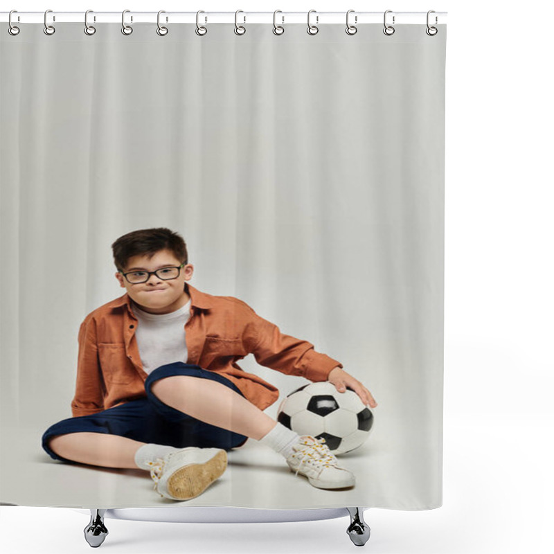 Personality  Little Boy With With Down Syndrome With Glasses Sits On Ground With Soccer Ball. Shower Curtains