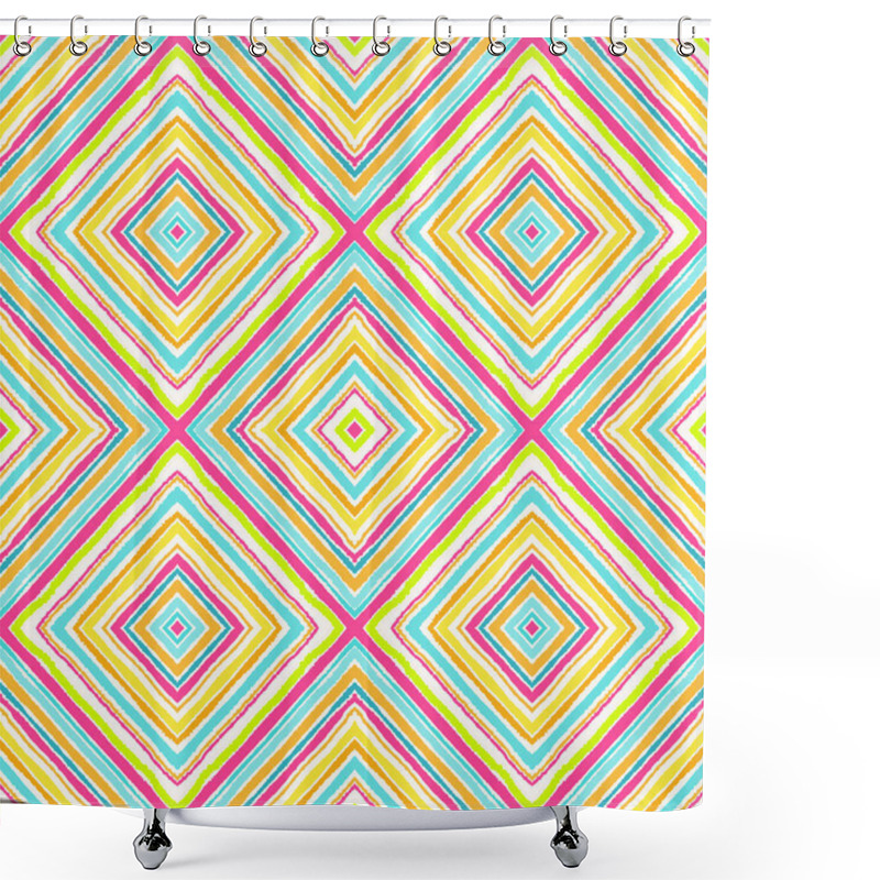 Personality  Striped Diagonal Rectangle Seamless Pattern. Square Rhombus Lines With Torn Paper Effect. Ethnic Background. Yellow, Pink, Rosy, Blue, White Colors. Vector Shower Curtains