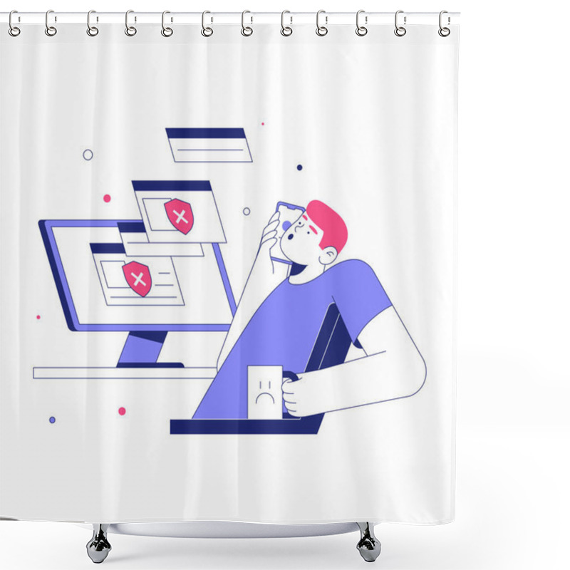 Personality  Male Character Looking Frustrated At A Computer Screen Displaying Scam Alert Notifications, Symbolizing Online Fraud, Cybersecurity Risks, And Digital Threats. Shower Curtains