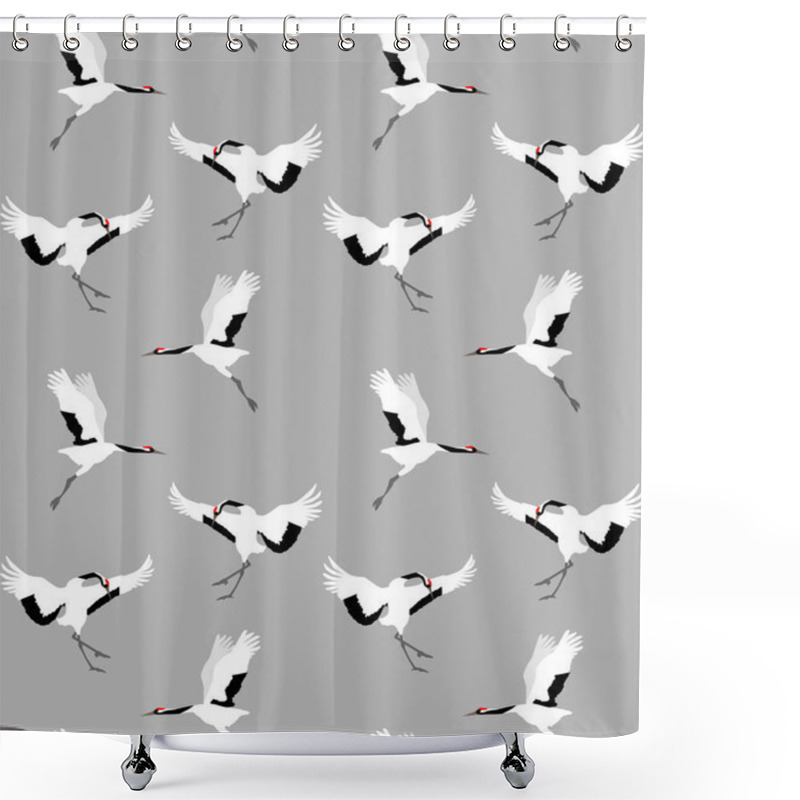 Personality  Seamless Pattern With Red-crowned Cranes On Gray Background, Vector Illustration Shower Curtains