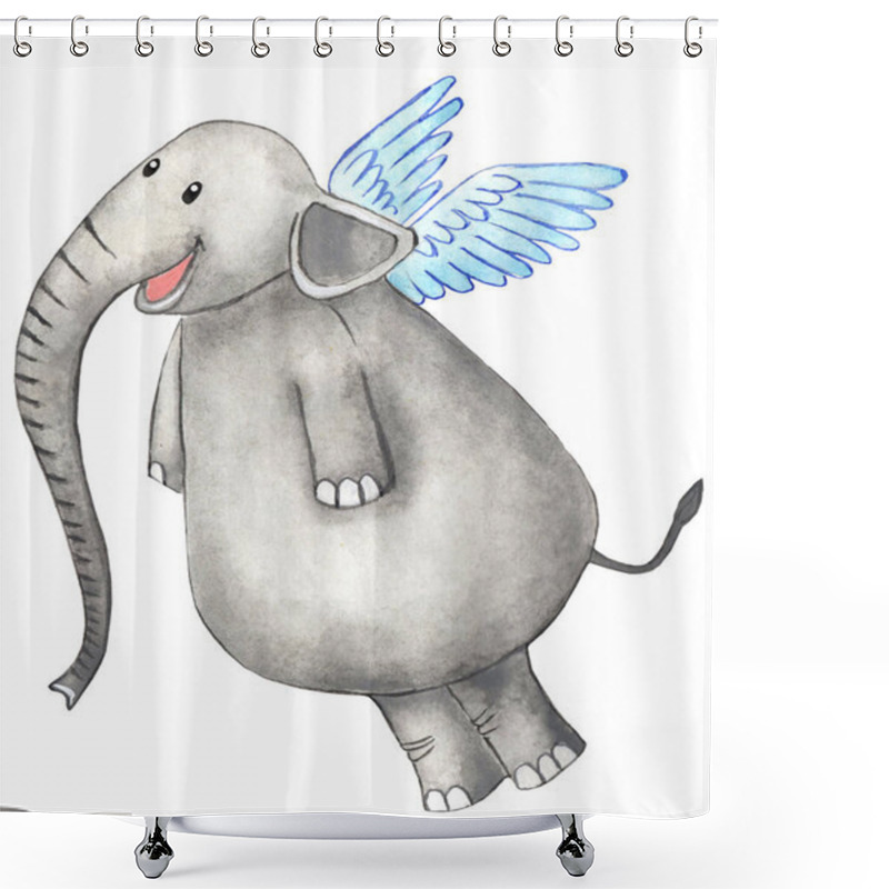 Personality  A Joyful Elephant With Wings Behind Its Back And A Long Trunk. Hand-drawn Childish Illustration. Isolated On A White Background. Shower Curtains