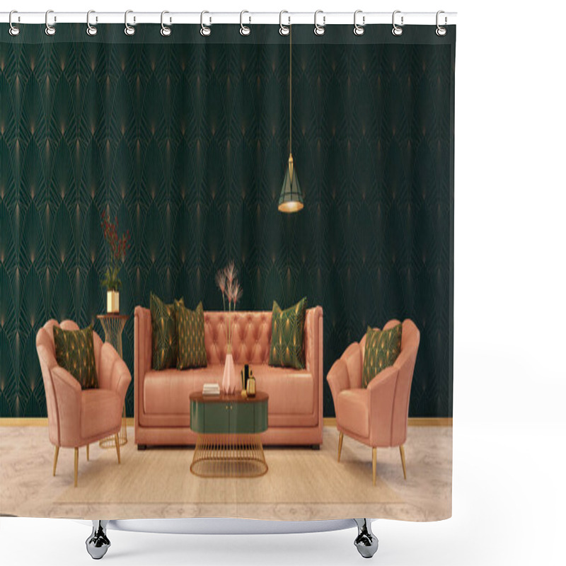 Personality  Classic Interior Art Deco Style.Sofa,armchairs,table With Lamp.Marble Floor And Rug.3d Rendering Shower Curtains