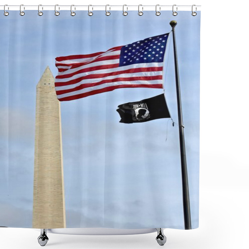 Personality  USA Flag Next To POW MIA Flag With Washington Monument In The Background Shower Curtains