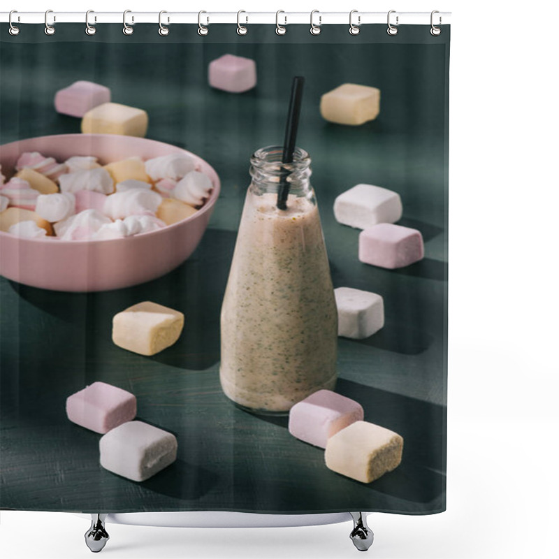 Personality  Closeup Shot Of Bowl With Marshmallows And Milkshake In Bottle With Drinking Straw  Shower Curtains