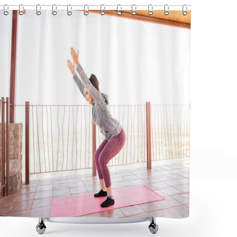 Personality  Full Length Of Fit Young Hispanic Woman Practicing Chair Pose Yoga At Fitness Studio Shower Curtains