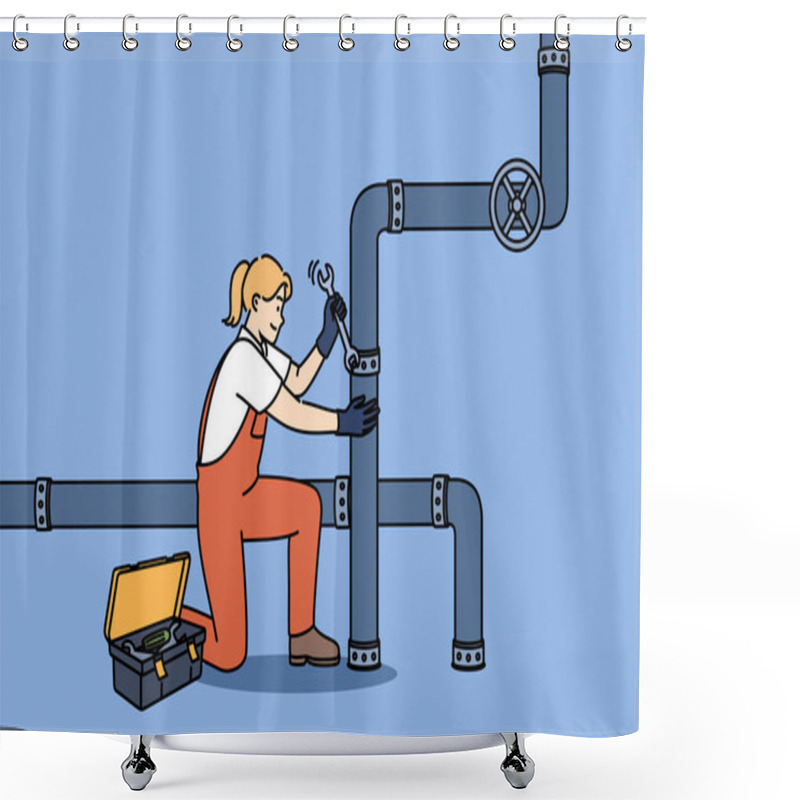 Personality  Woman Plumber Repairs Pipes In Factory, Using Wrench To Fix Crack In Industrial Pipeline. Girl In Overalls Works As Plumber, Easily Doing Men Job And Enjoying Difficult Profession. Shower Curtains