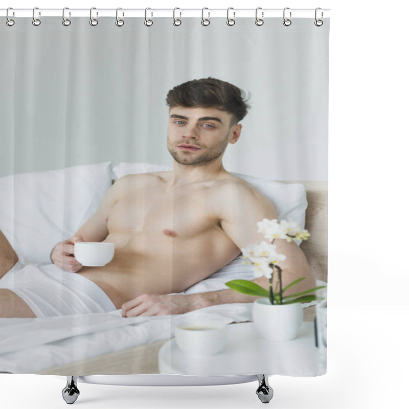 Personality  Pensive Man In Underwear Holding Coffee Cup While Lying In Bed And Looking At Camera Shower Curtains