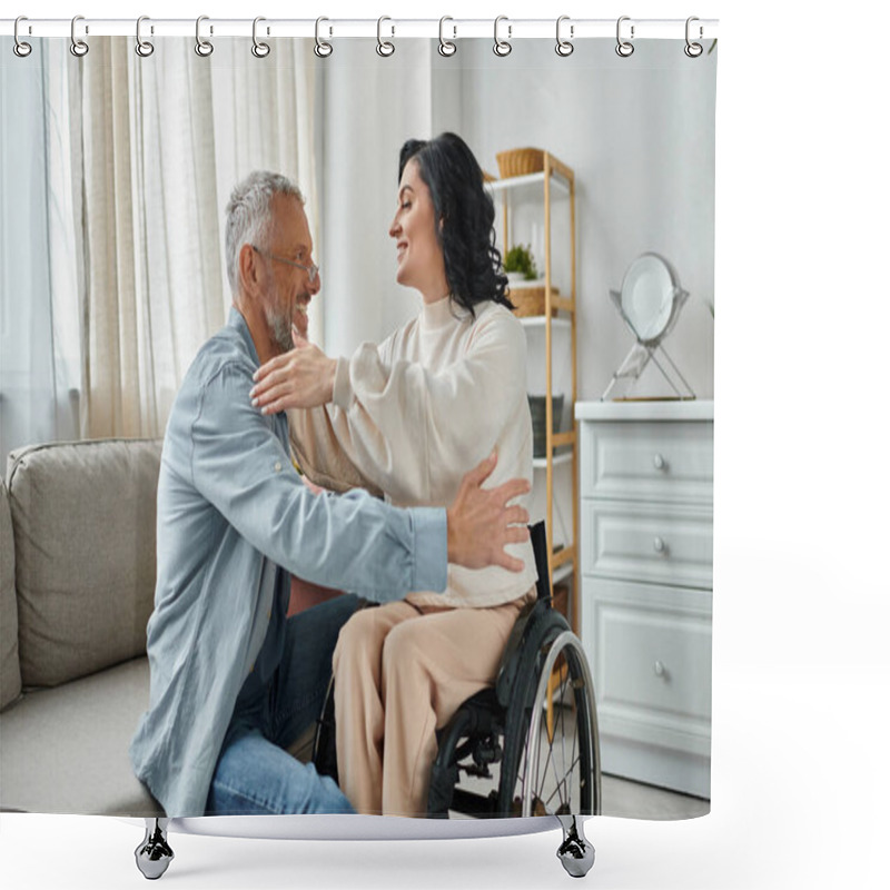 Personality  A Woman In A Wheelchair Hugs Her Husband, Showing Love And Support In Their Living Room. Shower Curtains