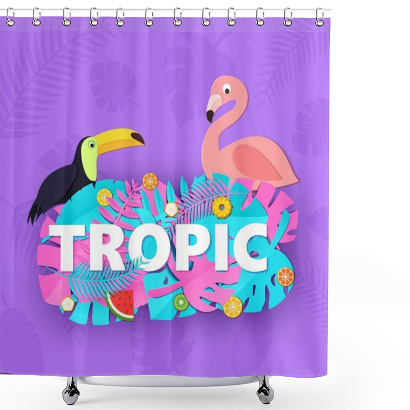 Personality  Word TROPIC Composition With Creative Pink Blue Jungle Leaves Fruits Toucan Flamingo On Purple Background In Paper Cut Style. White Letters For Banner, Flyer T-shirt Printing. Vector Illustration. Shower Curtains