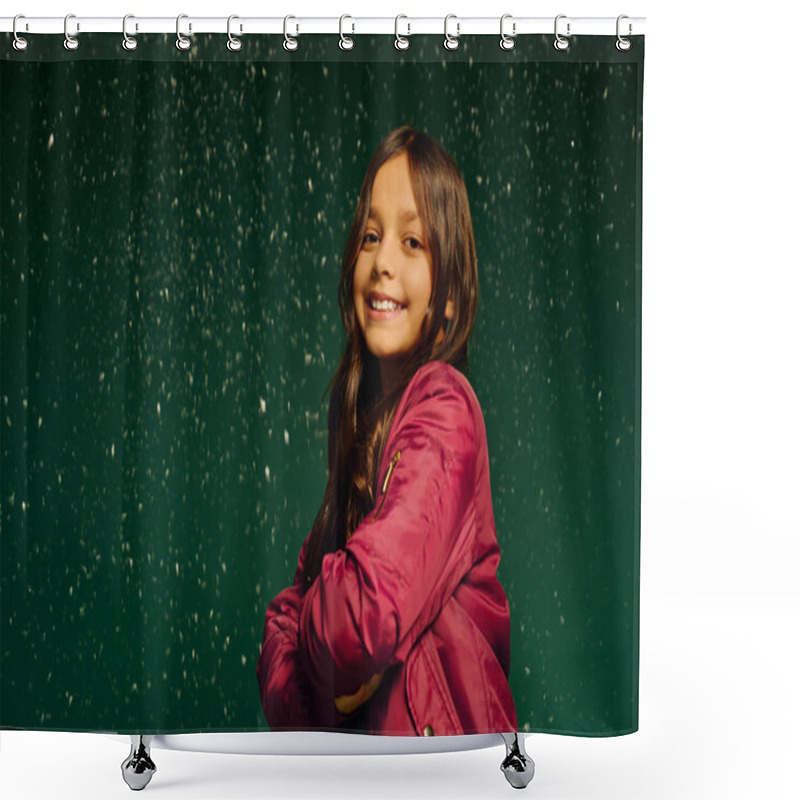 Personality  A Joyful Little Girl Smiles Brightly As Snowflakes Gently Fall Around Her During Christmas 2025. Shower Curtains