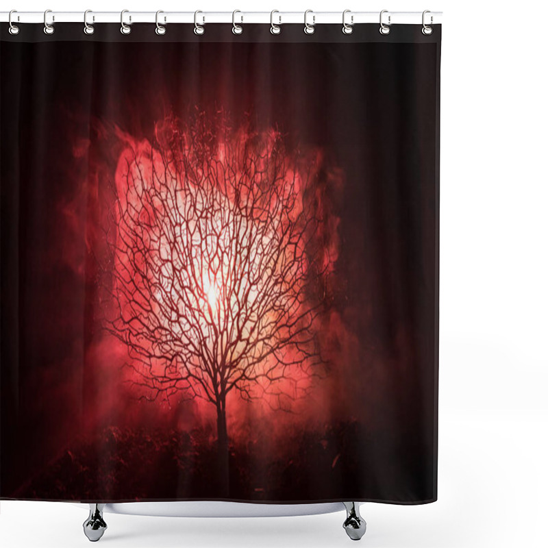 Personality  Silhouette Of Scary Halloween Tree With Horror Face On Dark Foggy Toned Background With Moon On Back Side. Scary Horror Tree With Zombie And Demon Faces. Shower Curtains