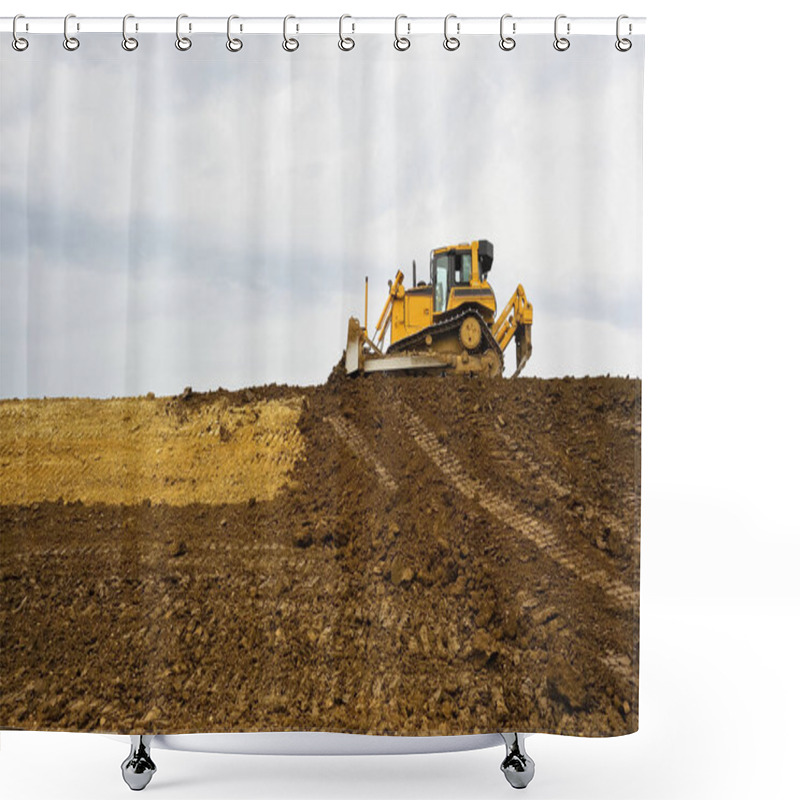 Personality  Bulldozer Is Moving Earth On Construction Site Shower Curtains