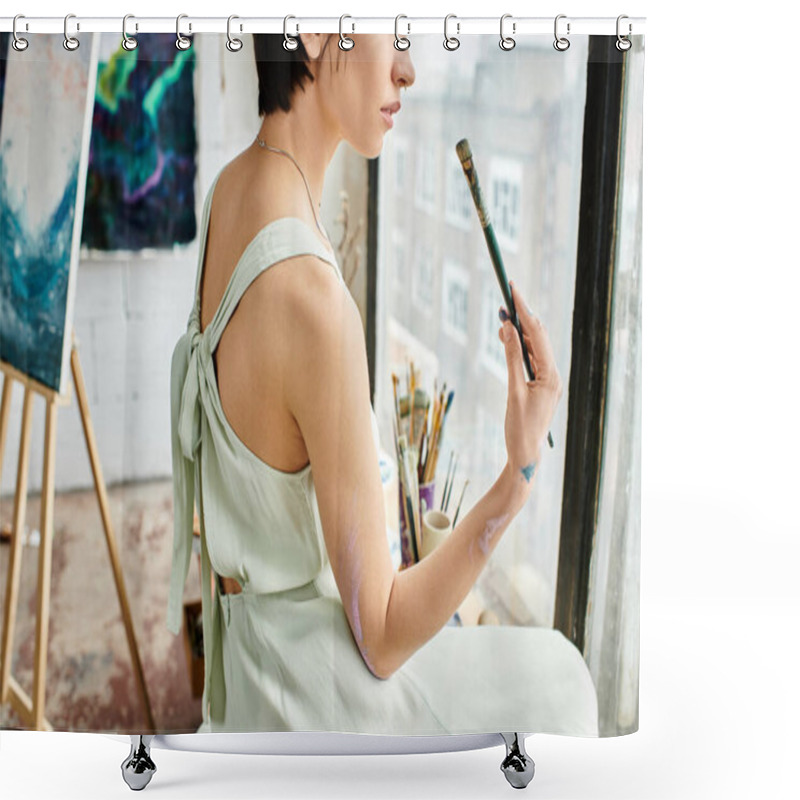 Personality  A Woman In A White Dress Holds A Paintbrush. Shower Curtains