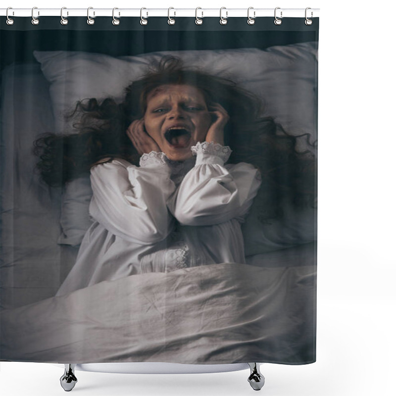 Personality  Top View Of Obsessed Girl In Nightgown Screaming While Lying In Bed Shower Curtains