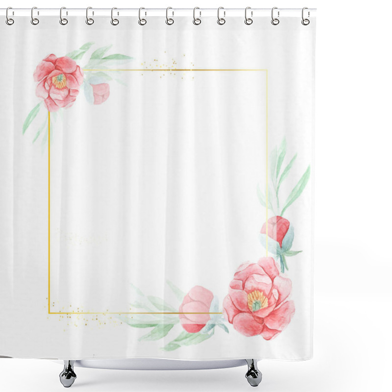 Personality  Watercolor Red Peony Flower With Geometric Golden Frame On Paper Background With Copy Space For Wedding Invitation Or Chinese New Year Shower Curtains