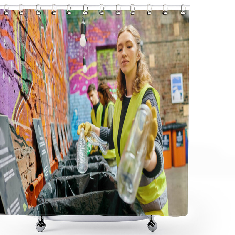 Personality  A Woman Standing Beside A Vibrant Graffiti-covered Wall, Expressing Urban Creativity And Culture. Shower Curtains