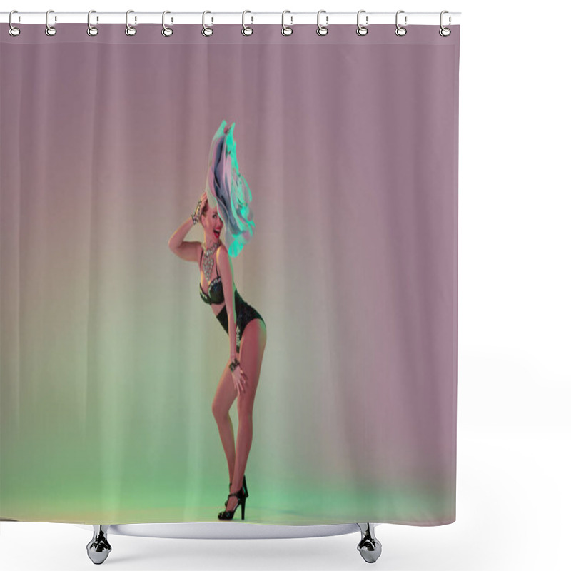 Personality  Young Female Dancer With Huge Floral Hats In Neon Light On Gradient Background Shower Curtains